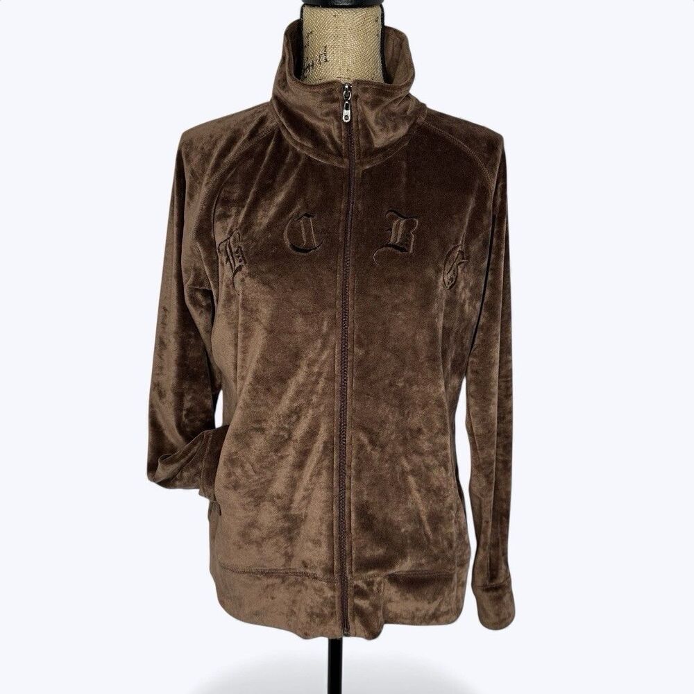 BCBG Maxazria Brown Velour Track Jacket Sz XL‎ Full Zip Logo Lounge Vintage Y2K